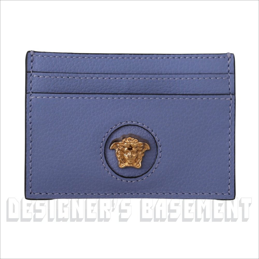 VERSACE violet gold La MEDUSA gold Logo embossed Leather Card Case hold wallet